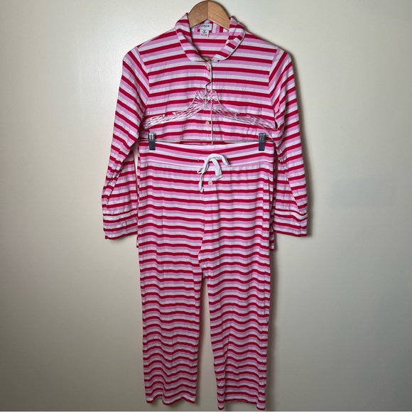 J.Crew 100% Cotton Pink Red Striped Knit Pajama Set Pants Long Sleeve Medium (P) - Picture 3 of 13